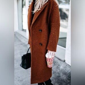 TOPSHOP Teddy Boucle Brown Double Breasted Collared Overcoat Size 8